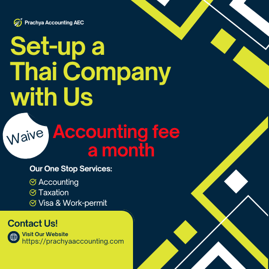 Promotional graphic for setting up a Thai company with waived accounting fee and various services listed.