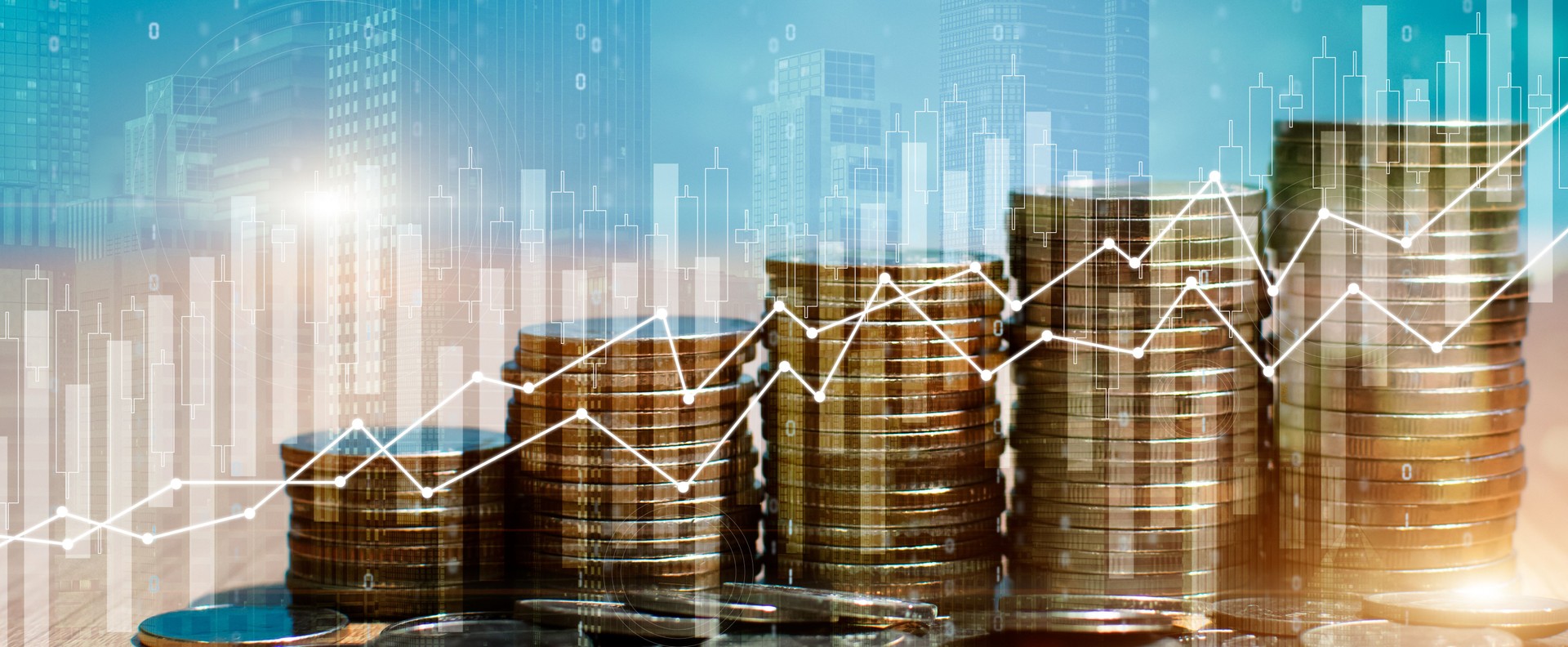Double exposure of stack of money coin with trading graph for finance investor. Cryptocurrency digital economy. Financial investment and city background concept.