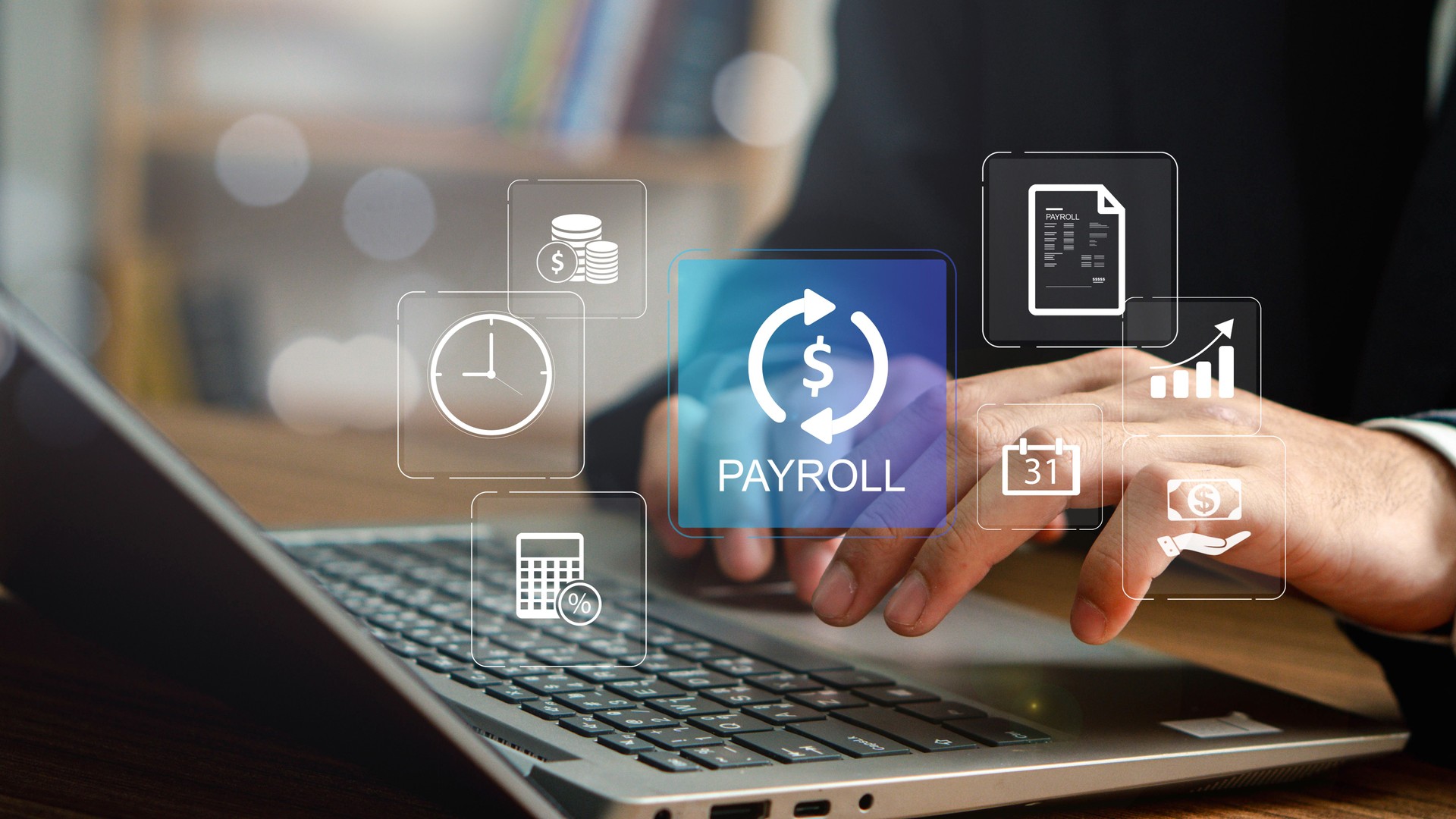 Payroll Management and Financial Processing System. payment of salaries to employees. Businessman works on payroll management with icons for payment, scheduling, and efficient payroll operations.