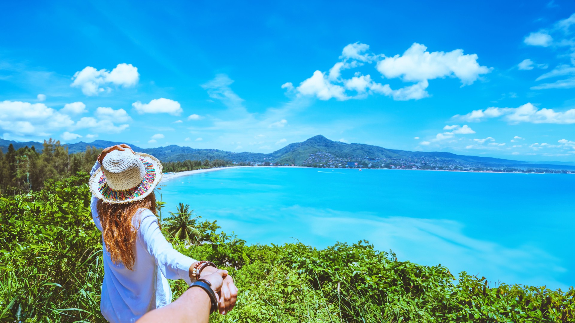 Asian lover couple woman and man travel nature. Travel relax. sea In the summer. Thailand