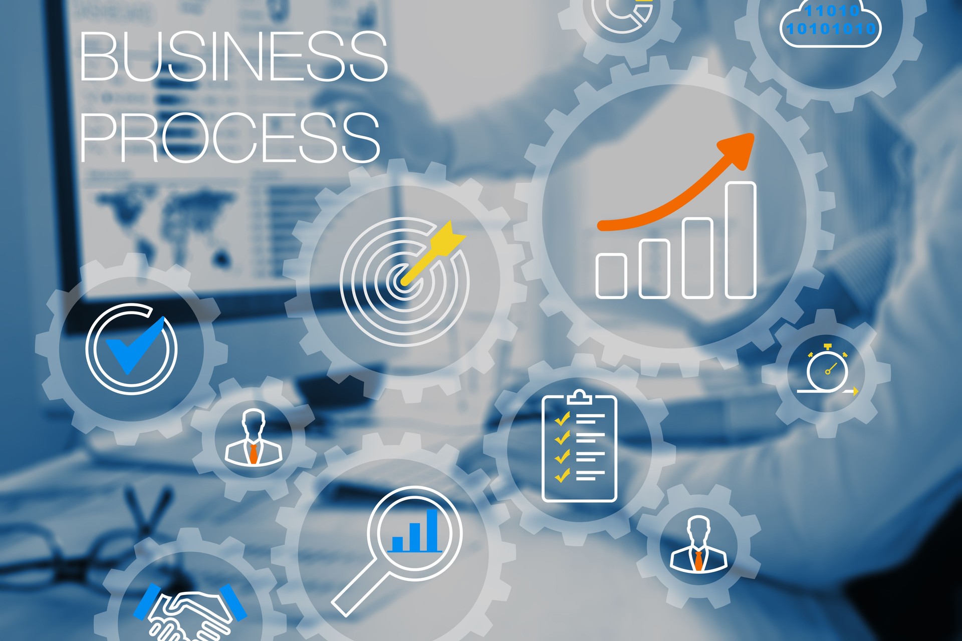 Business process management and automation technology, gears, consultant team office