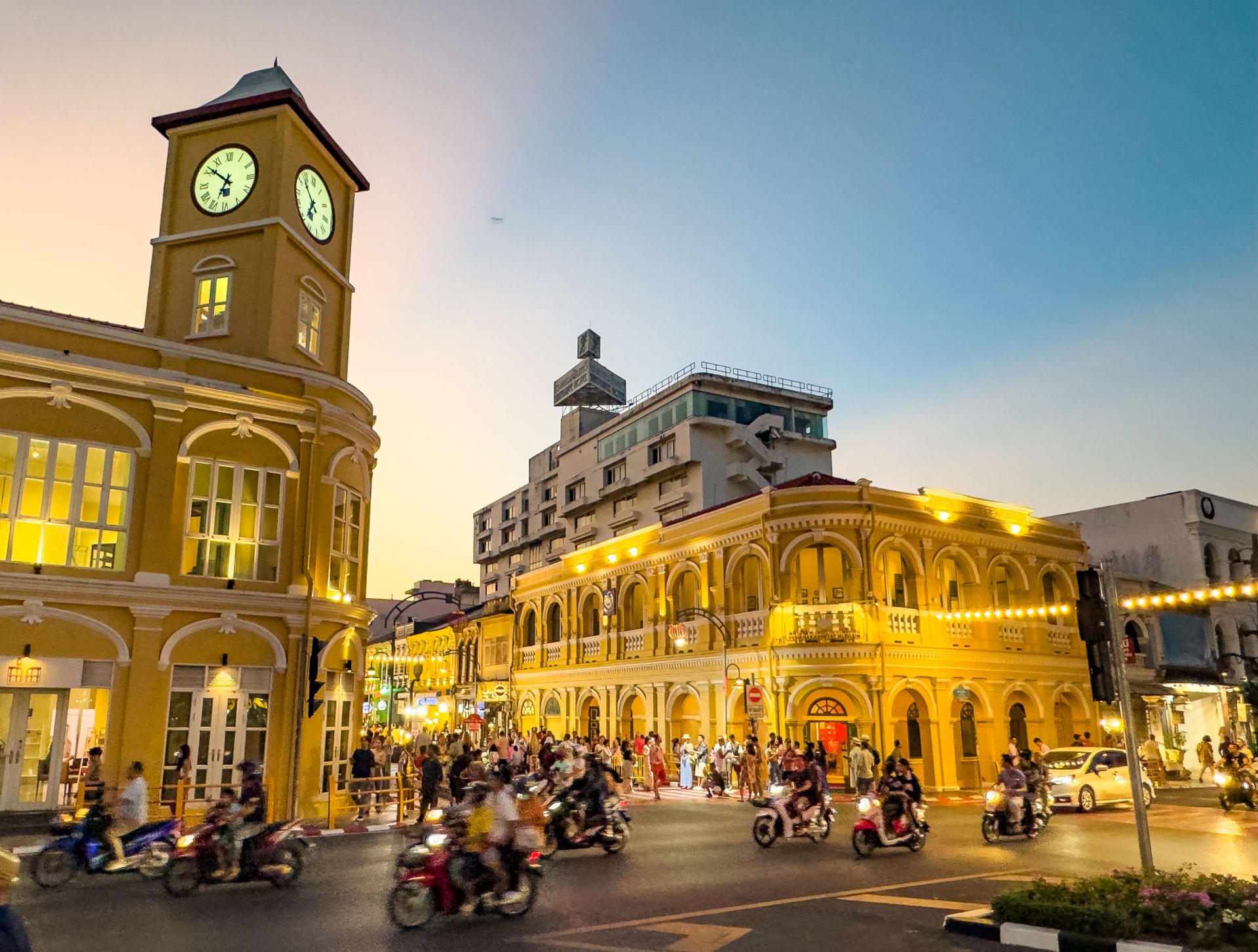Street View of Phuket Old Town night market at sunset, in Phuket, Thailand